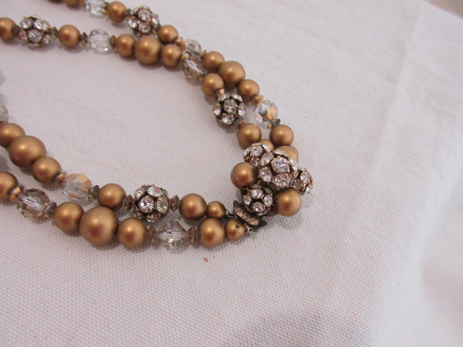Vtg Necklace Matte Gold Beads Beaded Rhinestones Crystal Double Strand Ornate