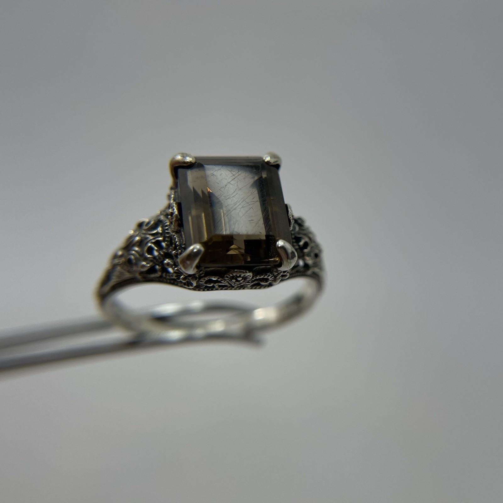 Estate Ring Smokey Gray Quartz Sterling Silver Sz 9.5 Baguette Art Nouveau Style