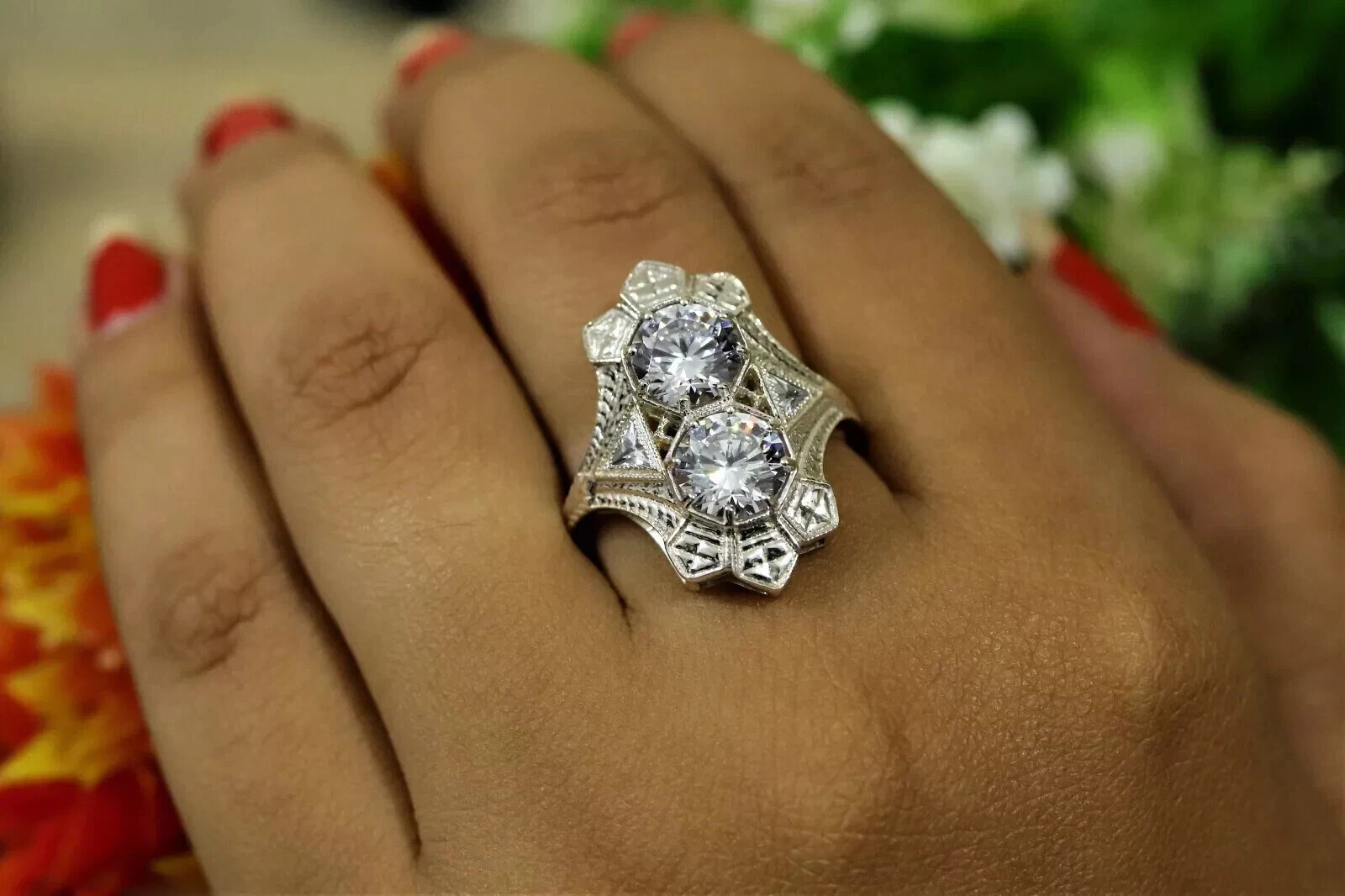 Art Deco Round Lab Created Diamond Two-Stone 14K White Gold FN Engagement Ring