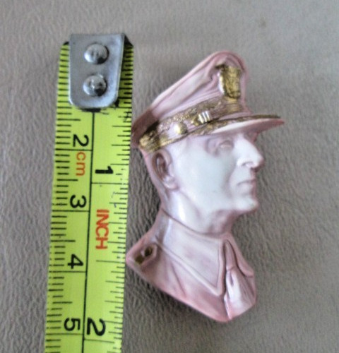 WWII General MacArthur pink 3D bust head Brooch Celluloid Vtg 40’s Pin Military