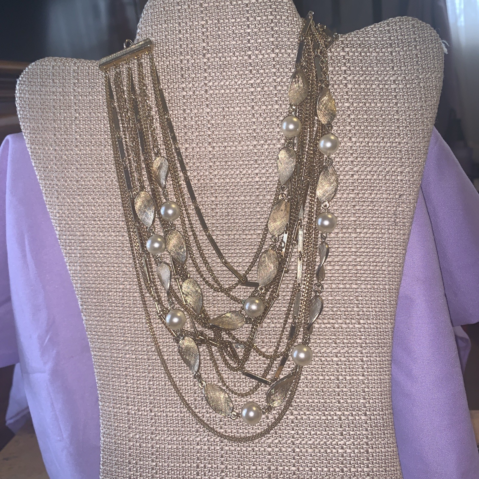 Multi 13 St Gold Tone Layered Necklace/Faux Pearls Bar Link,Curb Chains