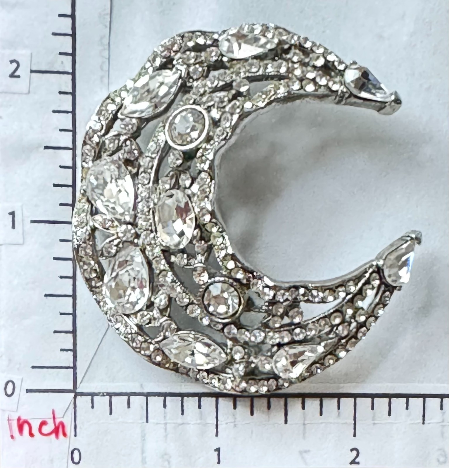 Vintage Barrera Crescent Moon-shaped Brooch Pin with Clear Sparkling Rhinestones