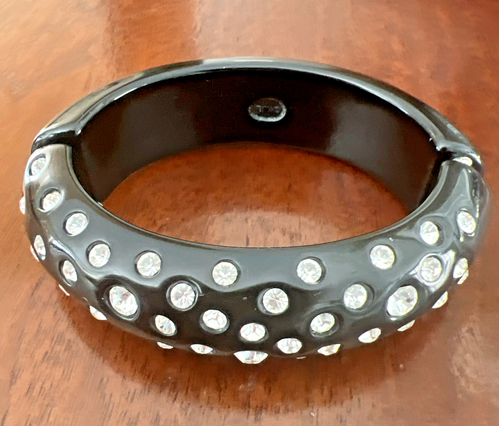 VINTAGE KJL KENNETH JAY LANE BLACK LUCITE CLEAR RHINESTONE HINGED CUFF BRACELET