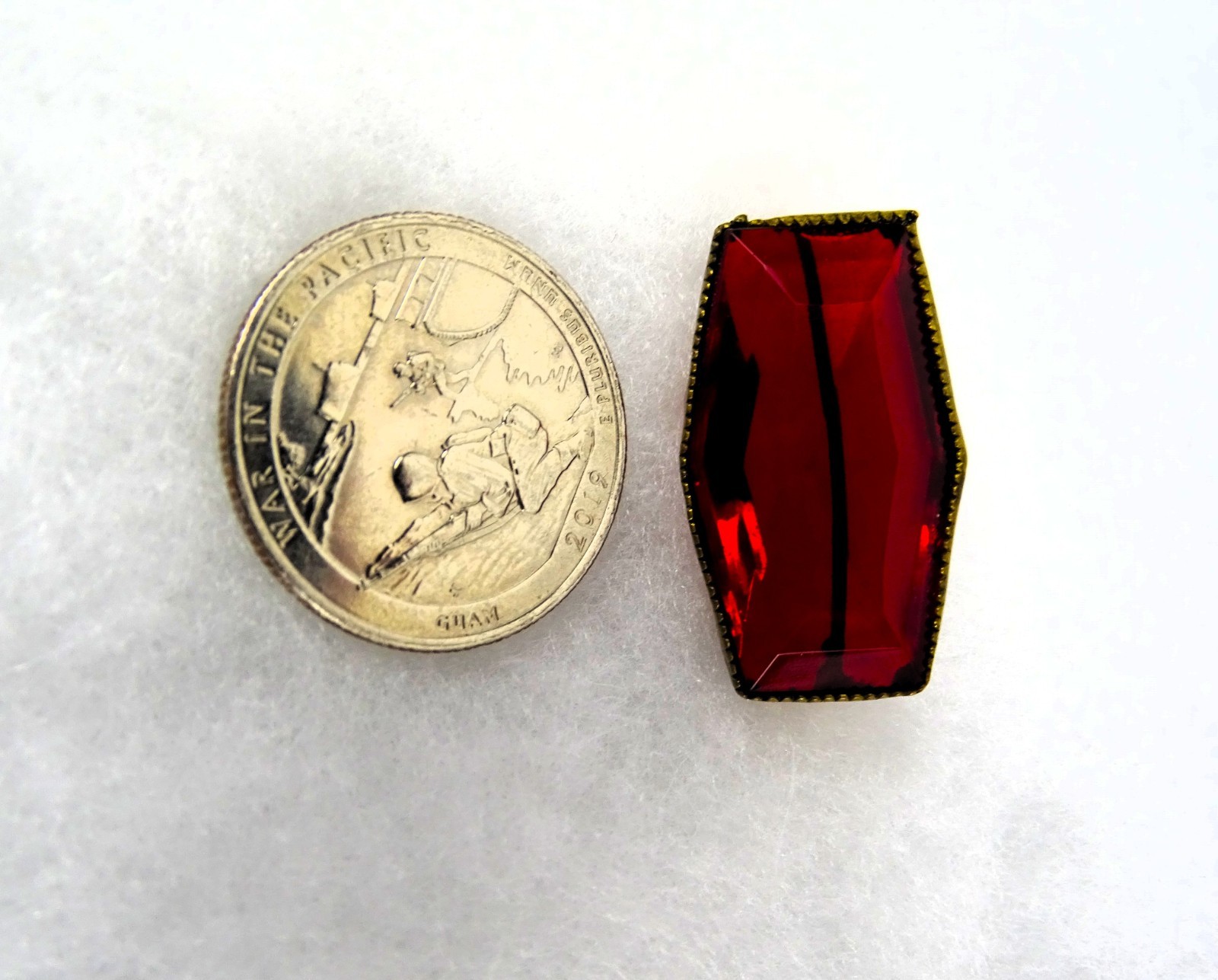 Vintage/Antique Red Glass Brooch, Elongated Hexagon with C-clasp