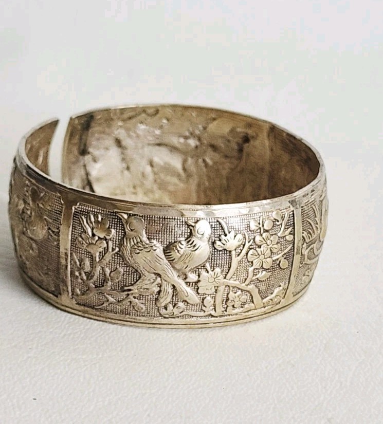 Miao Silver Tone Bangle with repoussé Depicting Birds and Deer In Nature Vintage