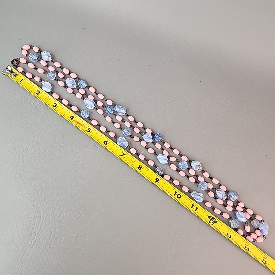 Vintage Art Deco Beaded Necklace Blue Givre Pink Milk Glass 59″ Long Flapper