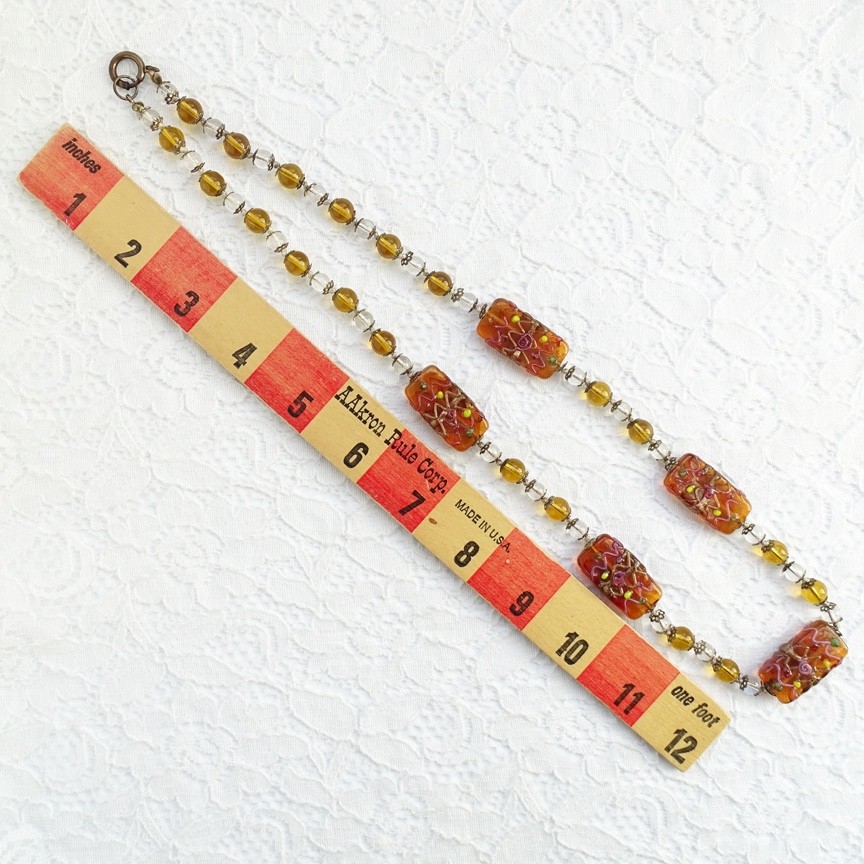 Vintage 1940s Venetian Wedding Cake Art Glass Bead Necklace Topaz Amber 25in