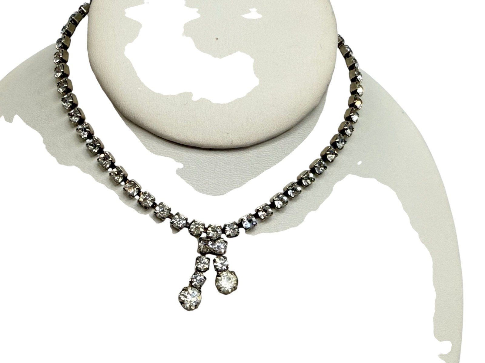 Vintage Rhinestone Choker Necklace Mid Century Sparkling Gemstones 12in Tassel