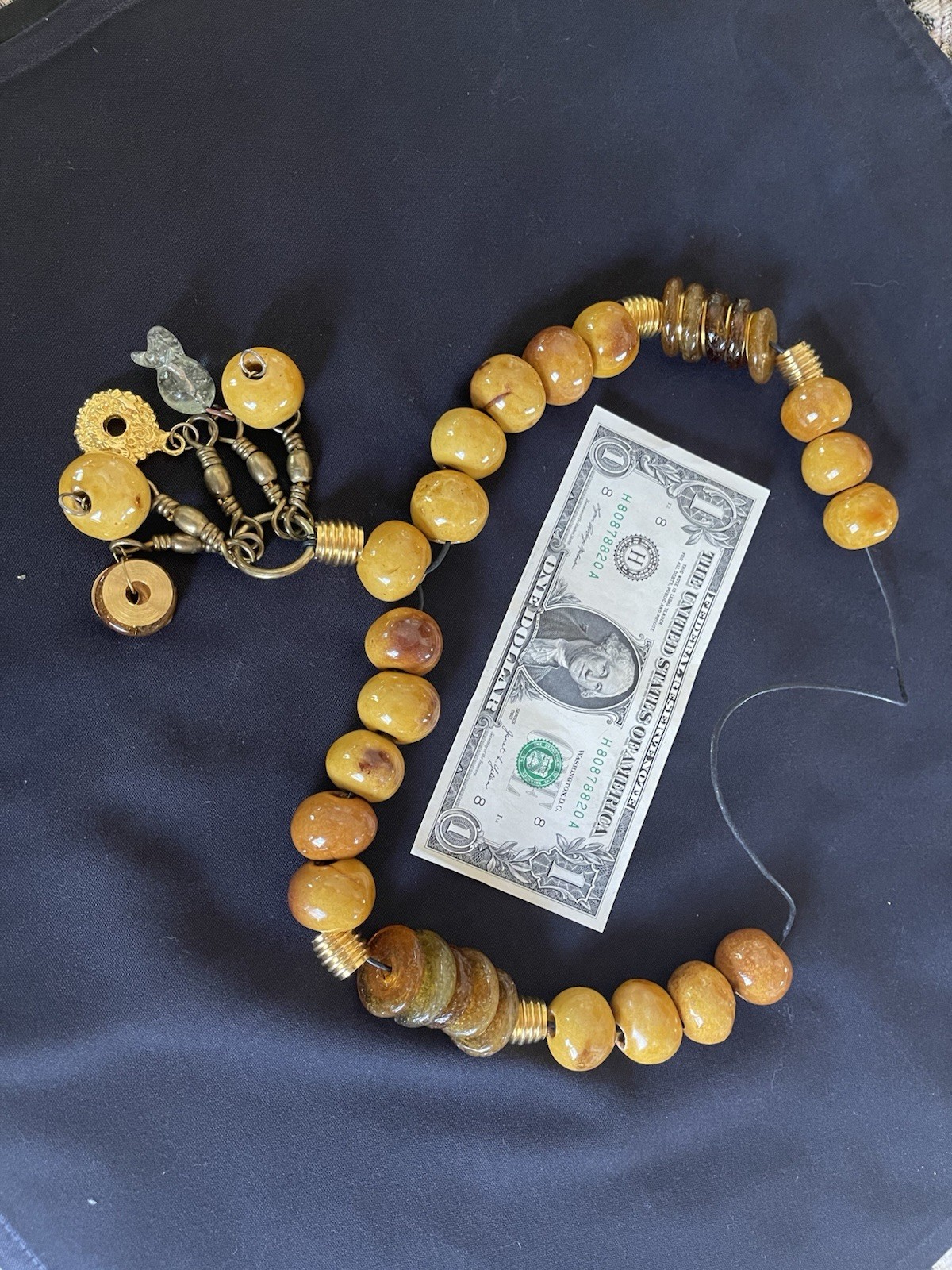 Variegated Honey Colored Egg Yolk Large Bead Tasseled Necklace Brass Spacers EXC
