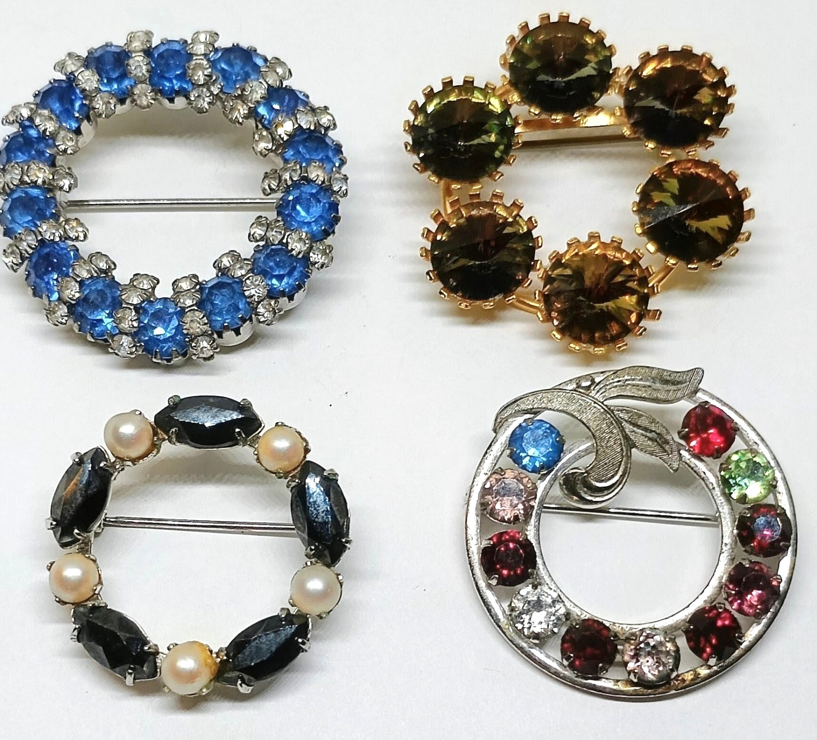 Vintage Lot 4 Brooches Pins Sterling Silver Blue Rhinestones Rivoli Crystals