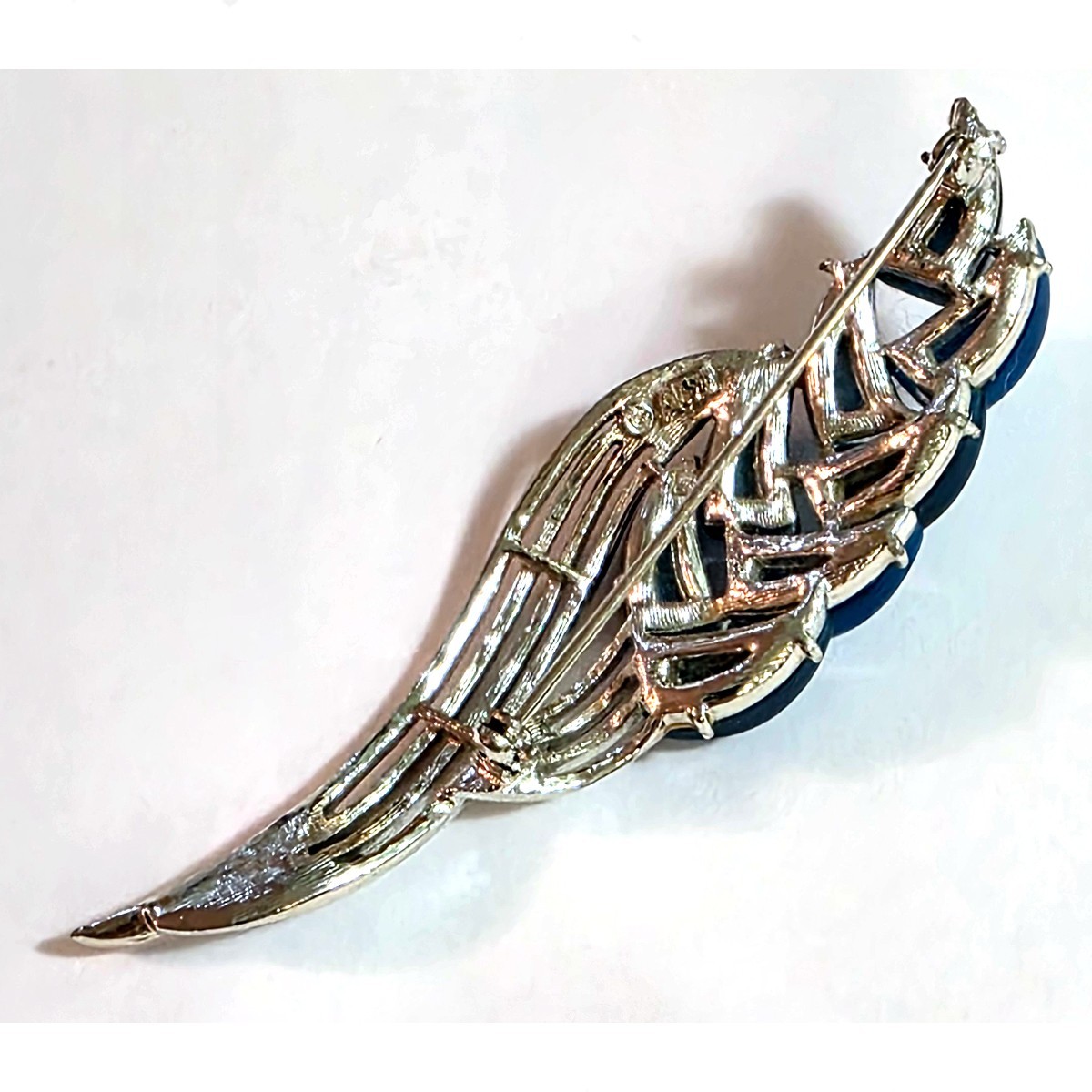 Thermoset Lucite brooch – marked, blue silver 4″ moonglow