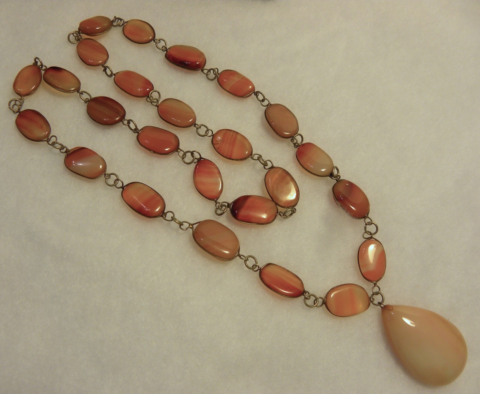 Vtg Polished Banded Agate Necklace Teardrop Pendant Chained Slices 30″ Long