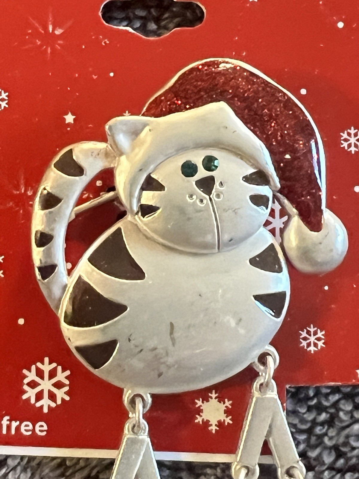 Christmas Silver Cat Brooch with Red Accents! Dangle Legs Santa Hat Nickel Free