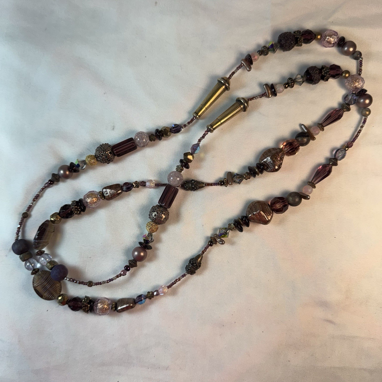 Vintage Boho Mixed Glass Beaded Long Strand Necklace Purple Bronze Brass 42 Inch
