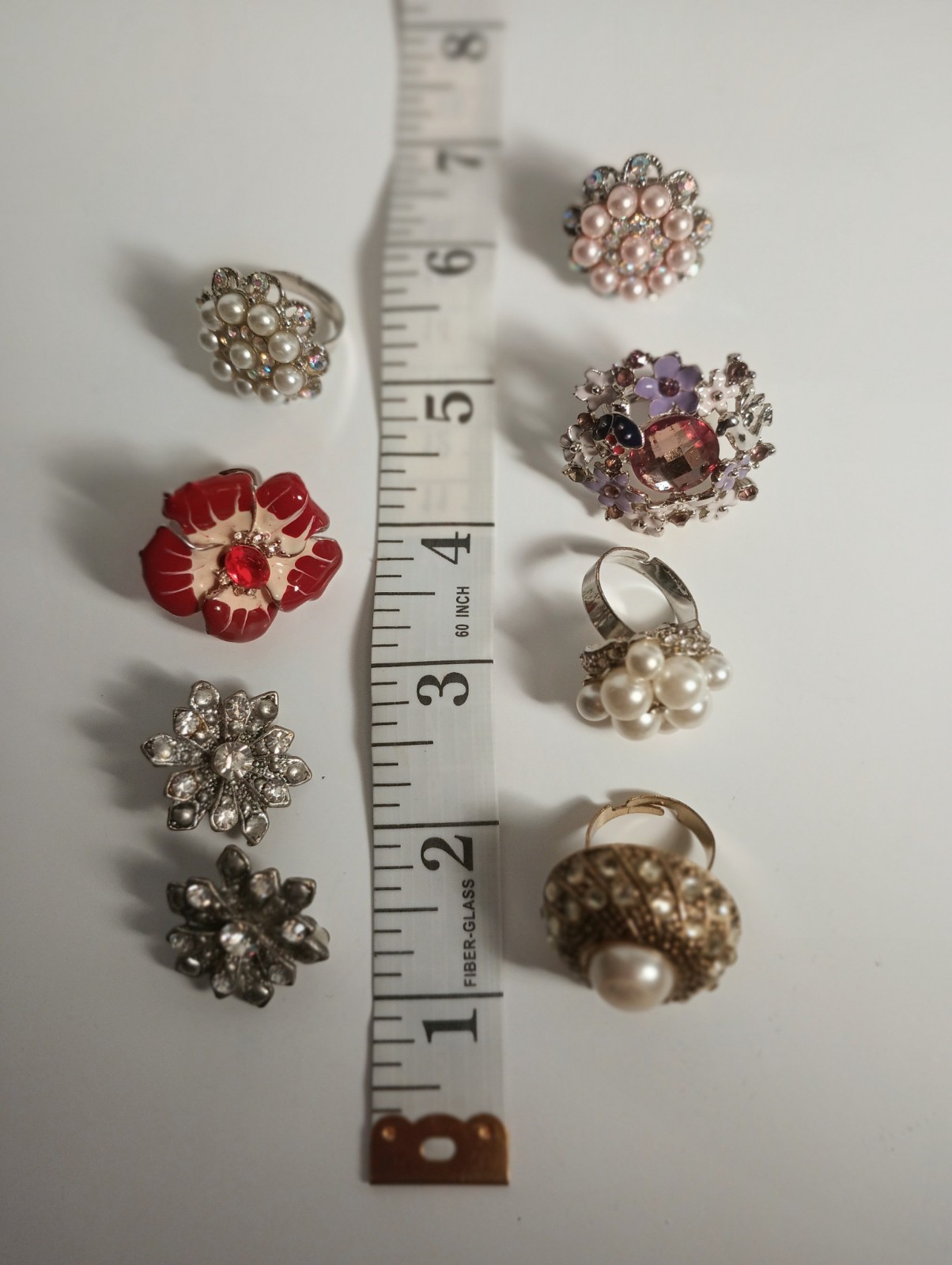 Vintage Adjustable Costume Ring Lot 6pc Metal Rhinestone & Faux Pearl Multicolor