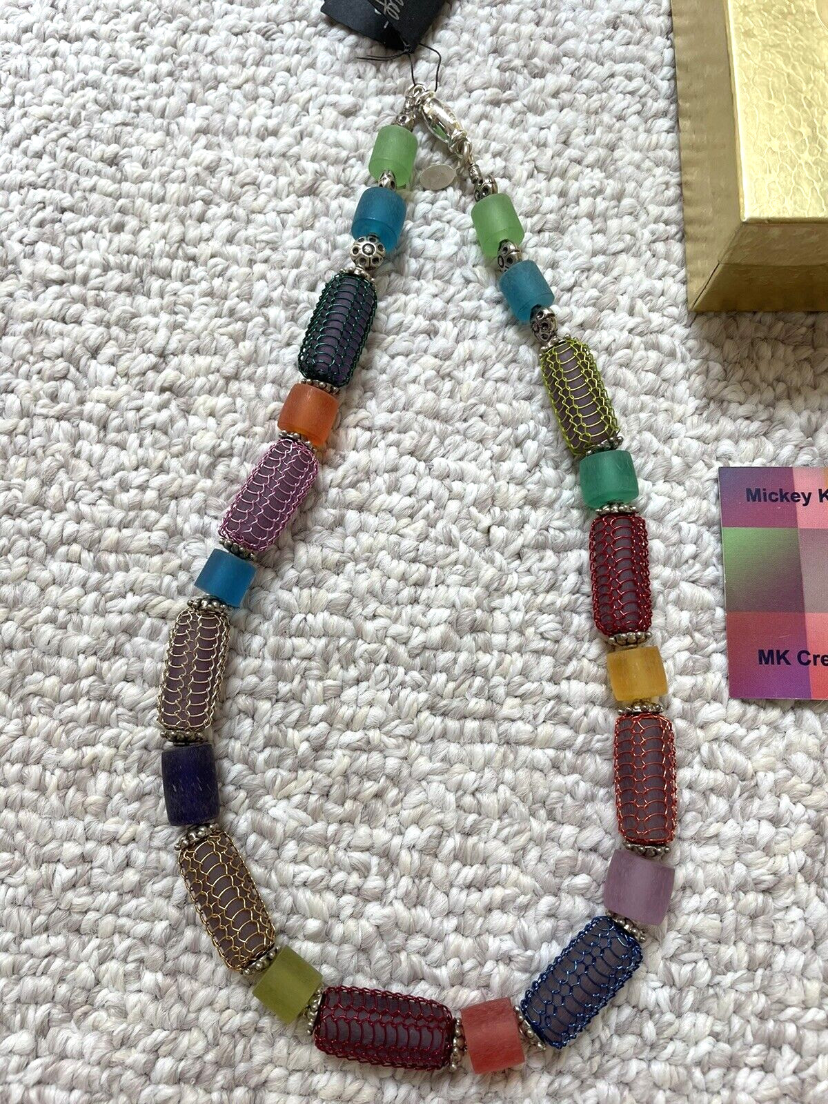 Vintage signed Artisan MK Micky Krunkle Caged Art Glass Beaded 19″ Necklace