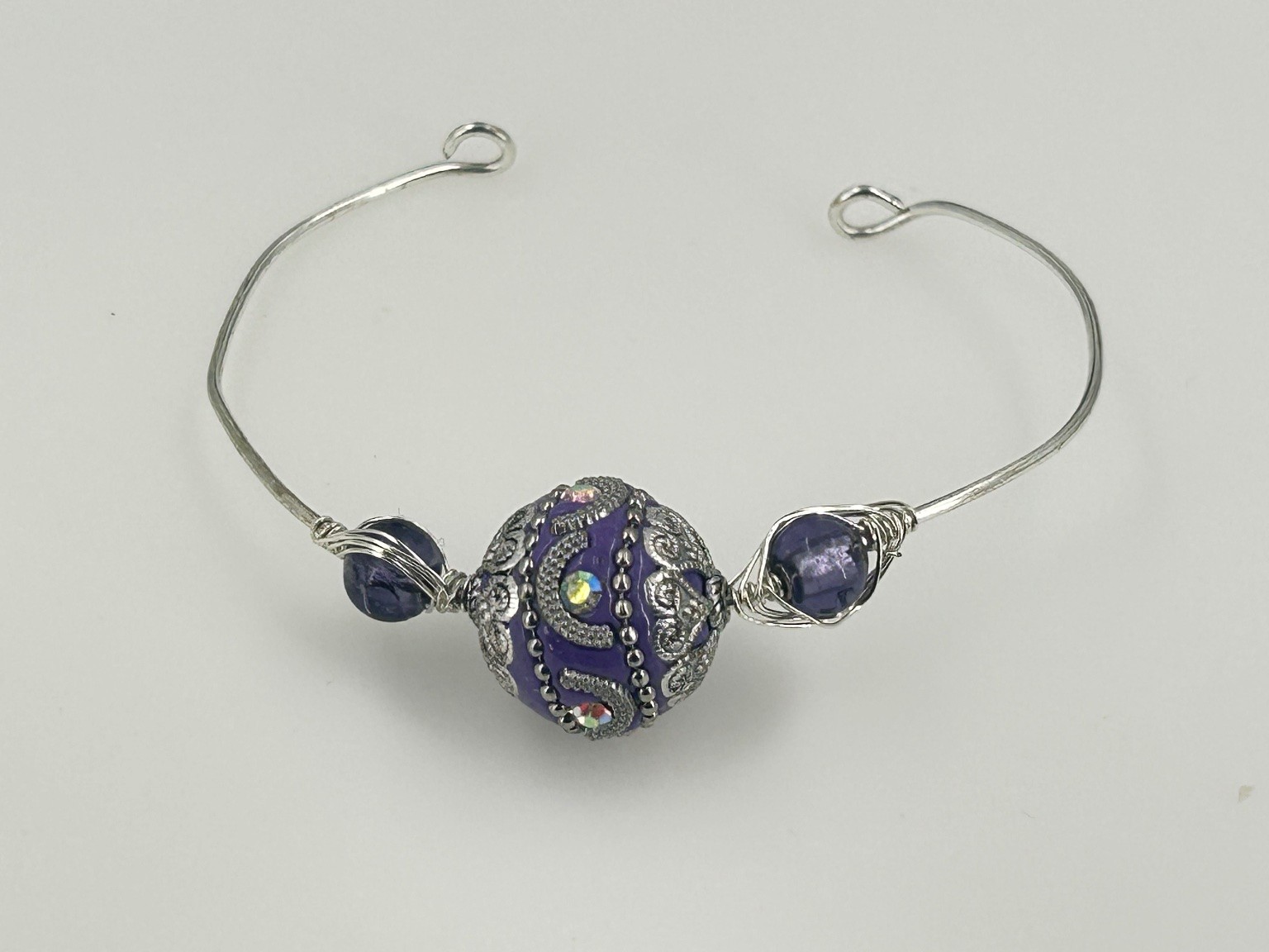 Handcrafted Purple Bead Silver Wire Bangle Bracelet Adjustable