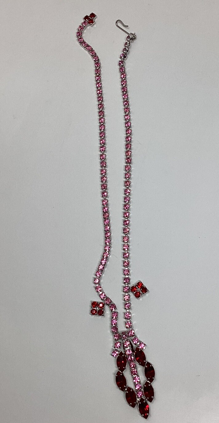 Vintage Pink And Red Rhinestone 16” Necklace Set With Earrings