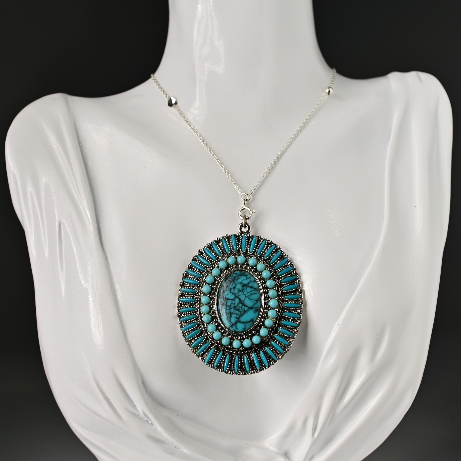 Original Vintage Native Silver Faux Turquoise Gemstone Pendant Estate Necklace