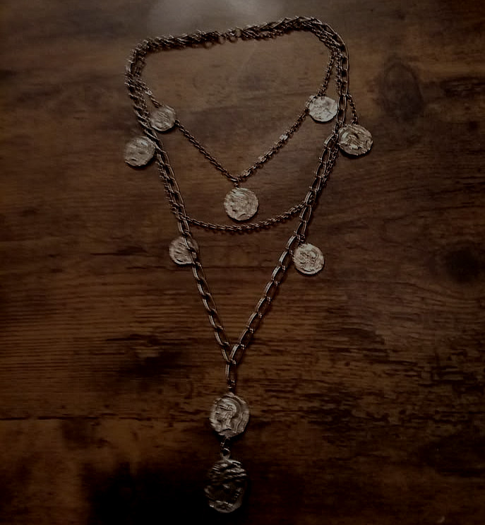 vintage silvertone coins necklace layered 1960s