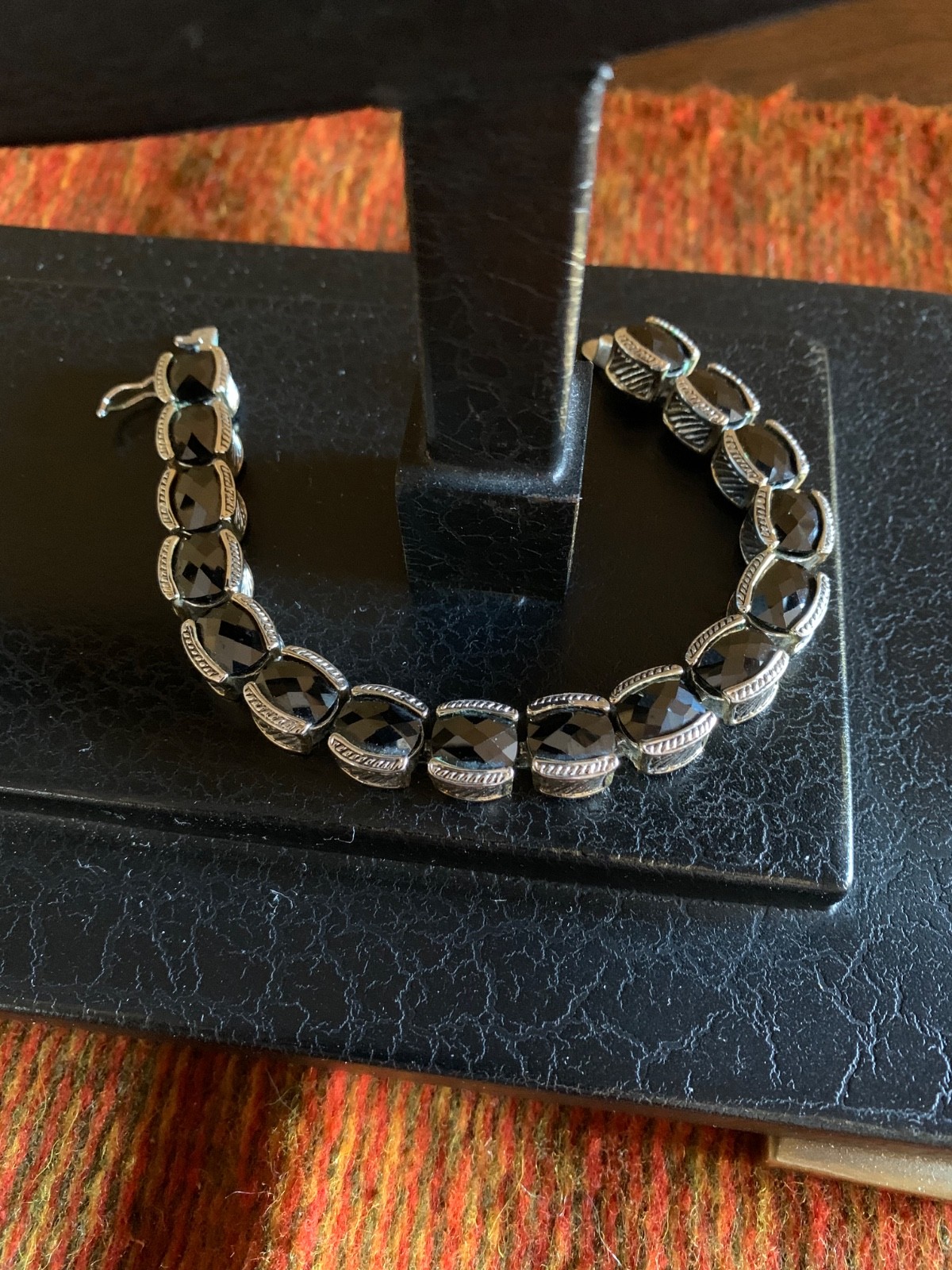 Vintage 90s Silver Tone Black Glass Square Link Bracelet Boho Fashion Jewelry