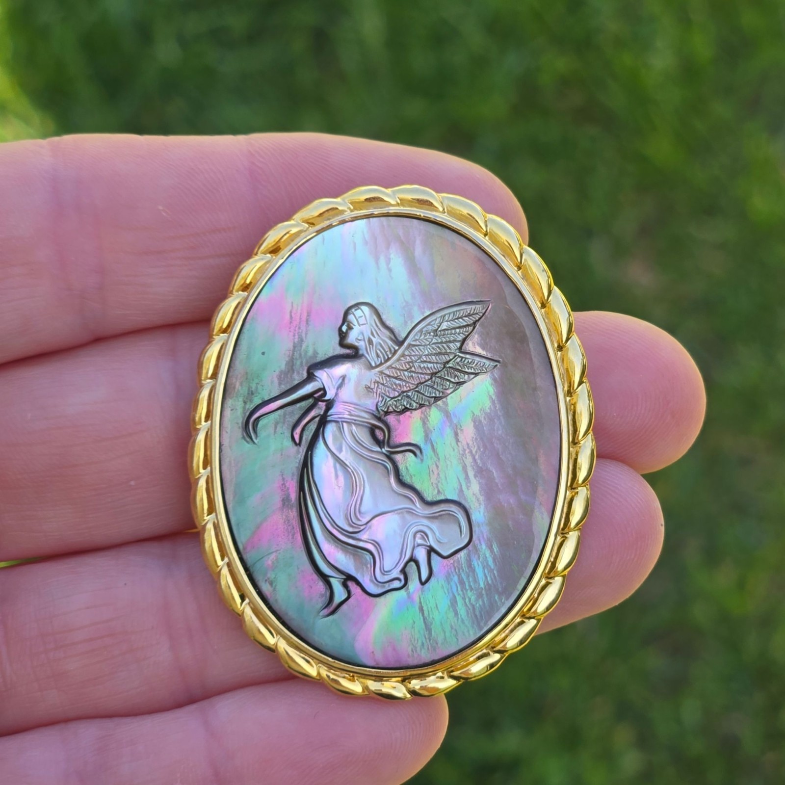 Vintage Guardian Angel Brooch or Pendant Mother of Pearl Cameo Spiritual Jewelry