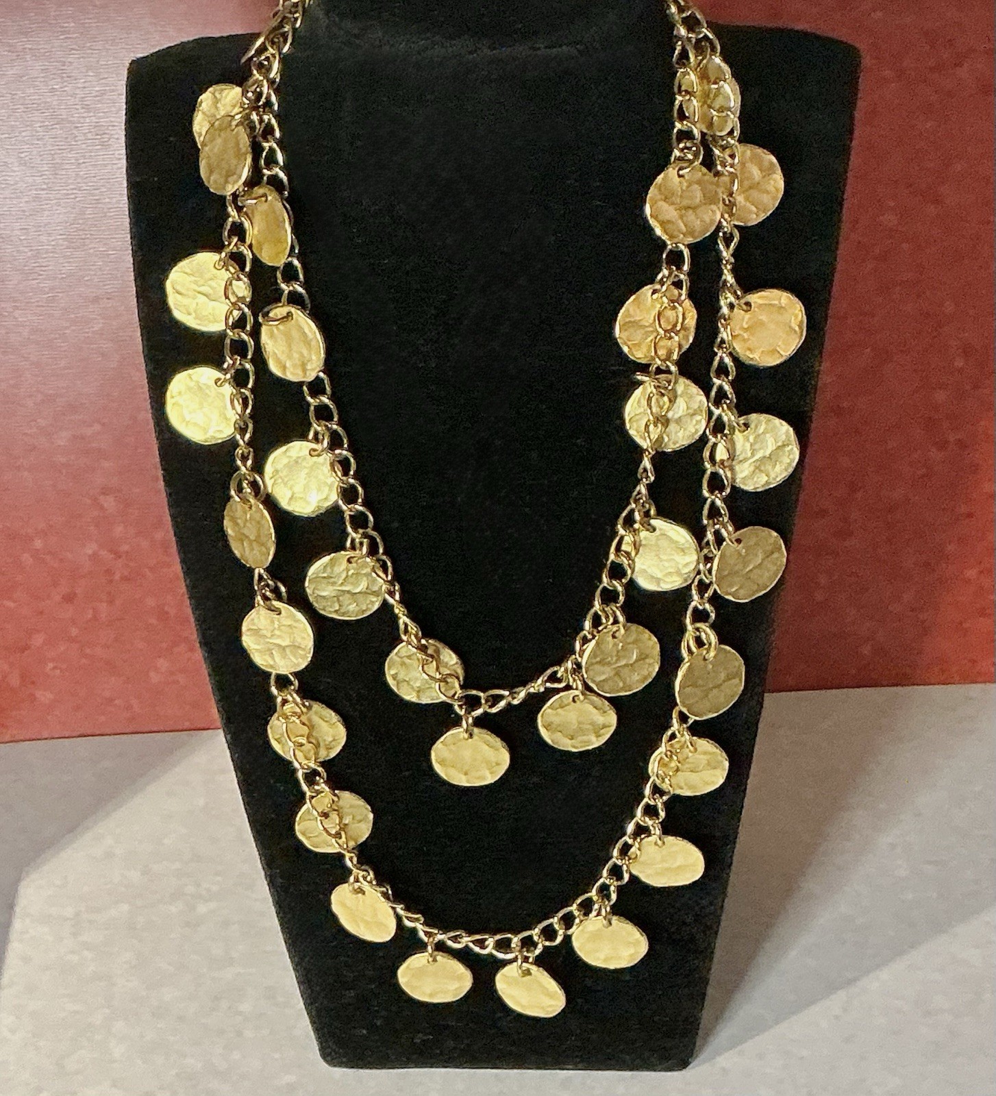 Vintage Kenneth Jay Lane Satin Gold Hammered Coins Discs Necklace 36″ Long 1980s