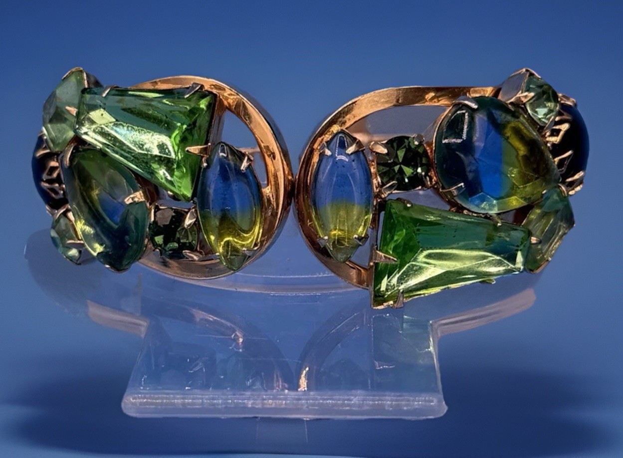 Vintage Gold Tone Bracelet w/ Blue & Green Stones • Bold Statement Jewelry