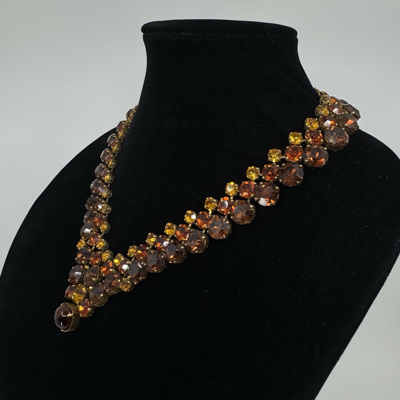 Large Statement Gold Tone Multi-tone Amber Round Rhinestone Necklace 17”