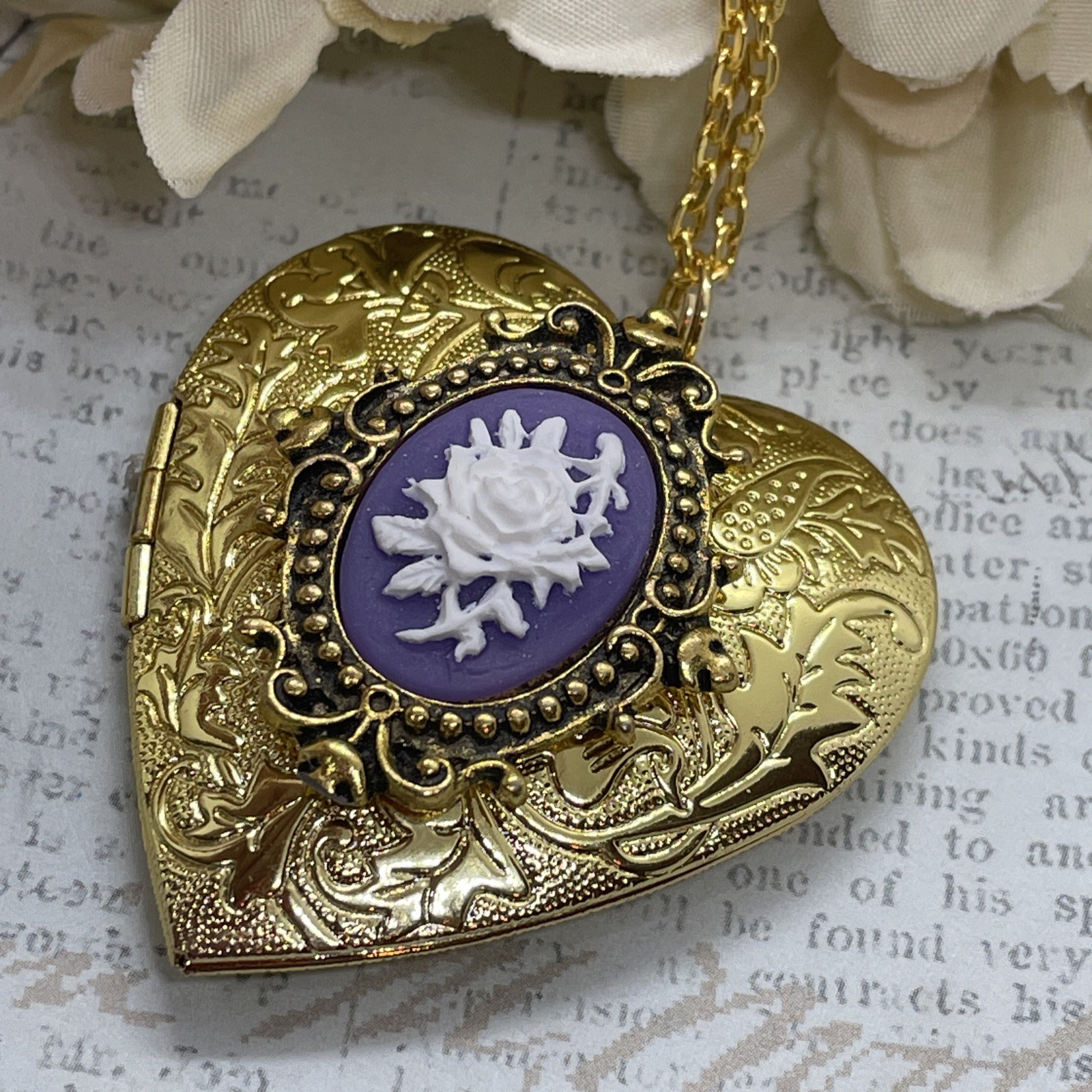 Gold Heart Locket Photo Birthday Anniversary Wedding Purple Rose Cameo Necklace