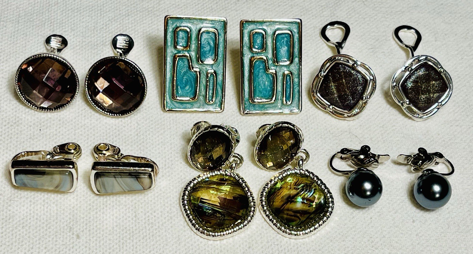 Lot of 6 Pairs of Mixed Clip-On Earrings Faceted Enamel 3 Pairs Signed Napier