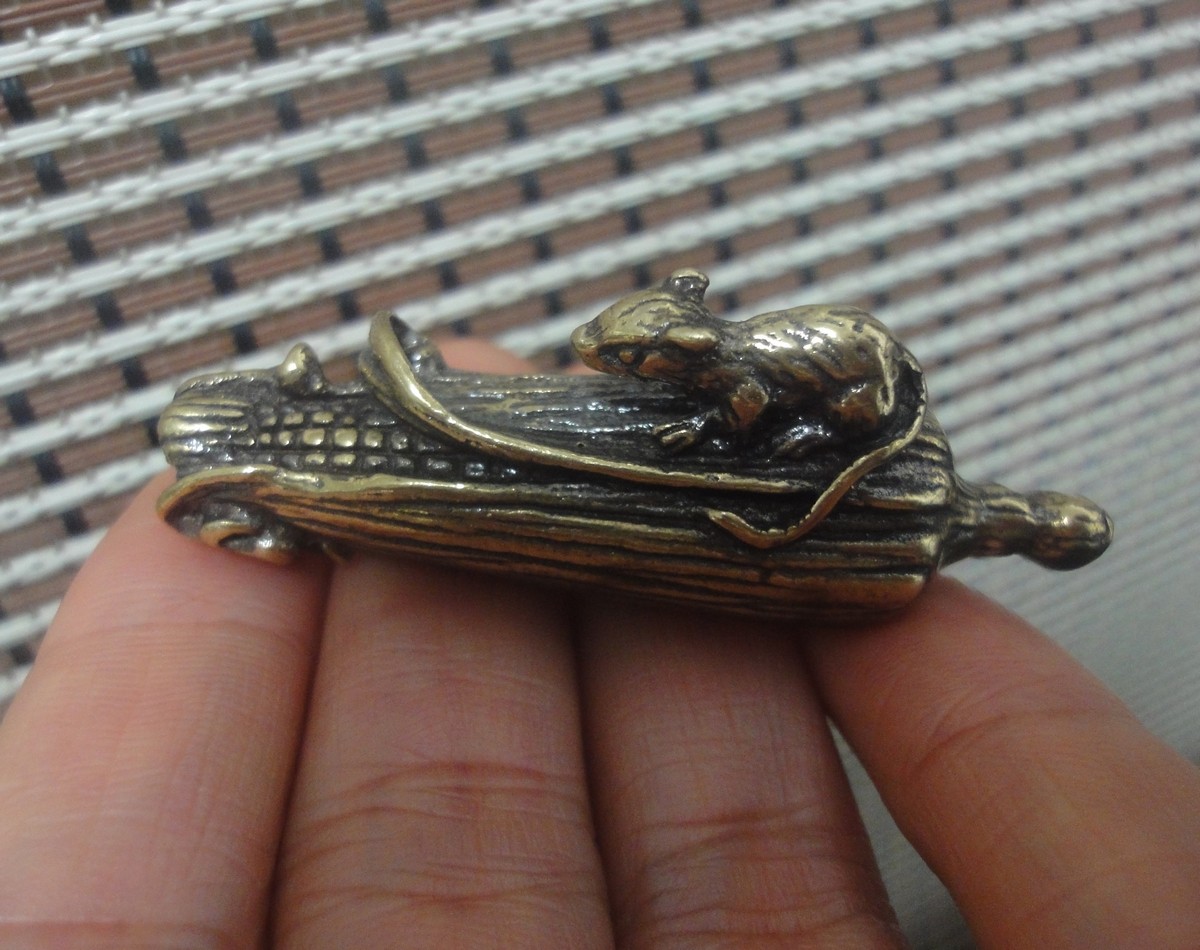 Solid Brass Mouse on Corn Statue Pendant Vintage Style Bag Charms Gift for Her