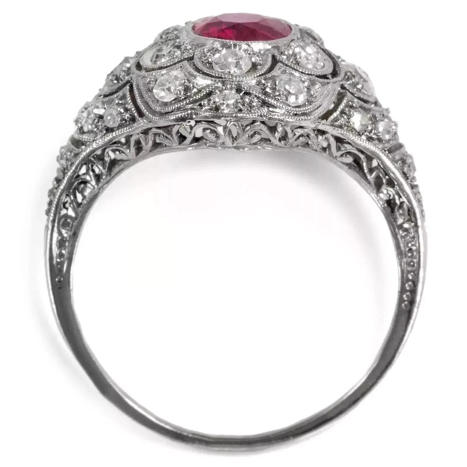3.55Ct Art Deco Vintage Lab Created Ruby 14K White Gold FN Engagement Halo Ring