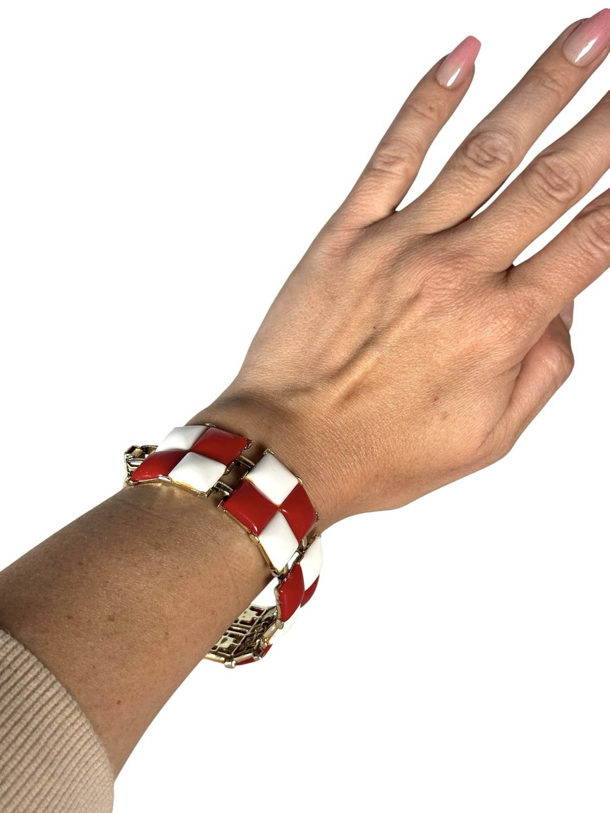 Vintage KRAMER NY Red & White Square Cabochon Checkers Link Bracelet Gold Tone