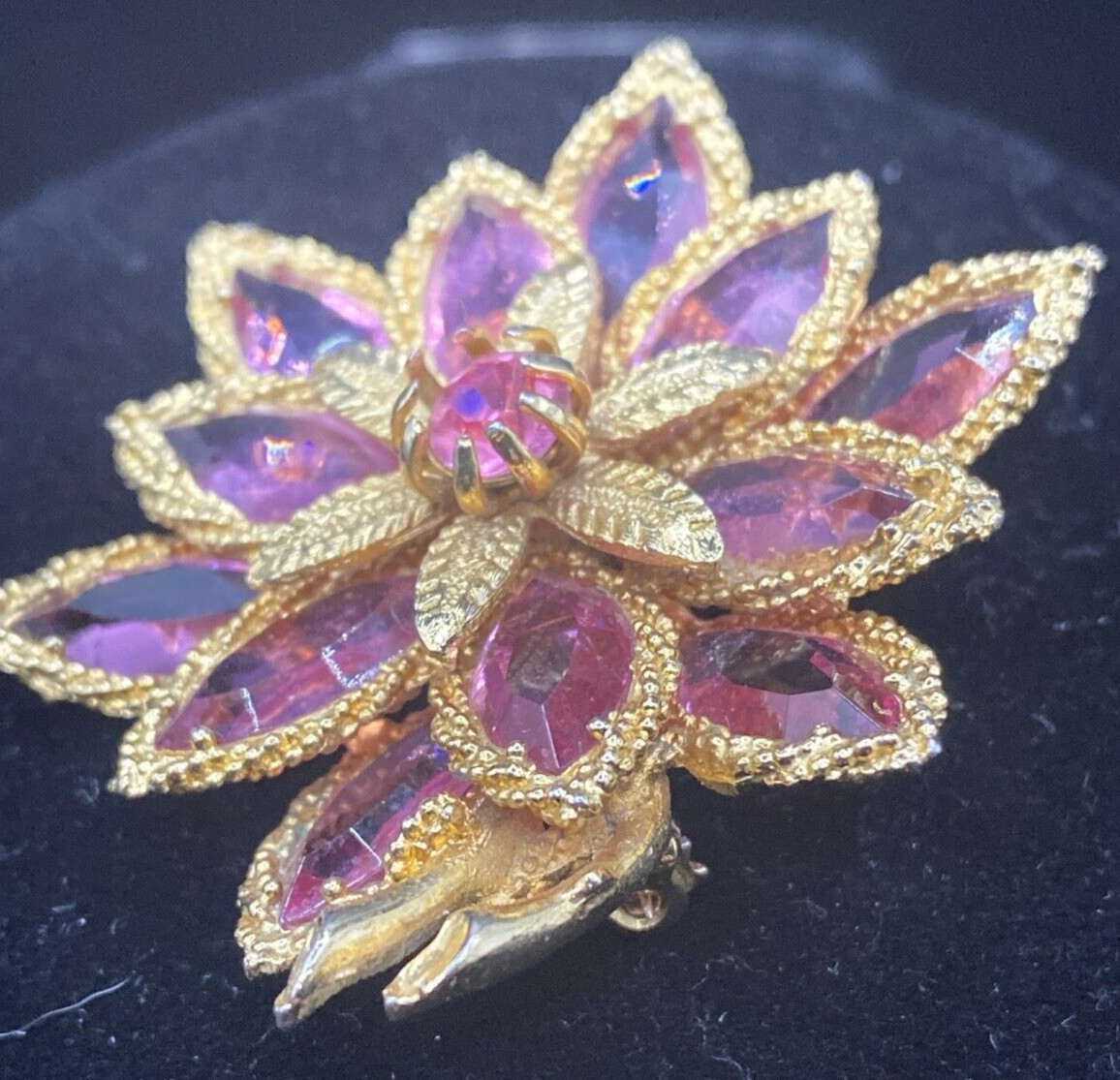 Vtg Flower Brooch Pin Gold Tone Filigree Layered Light Pink Crystals Barbiecore