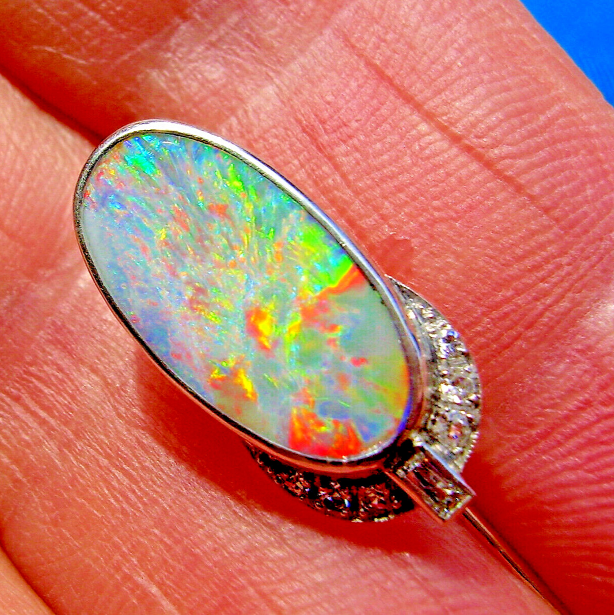 Original EARTH MINED Australian Black OPAL Art Deco DIAMOND Pin Antique PLATINUM