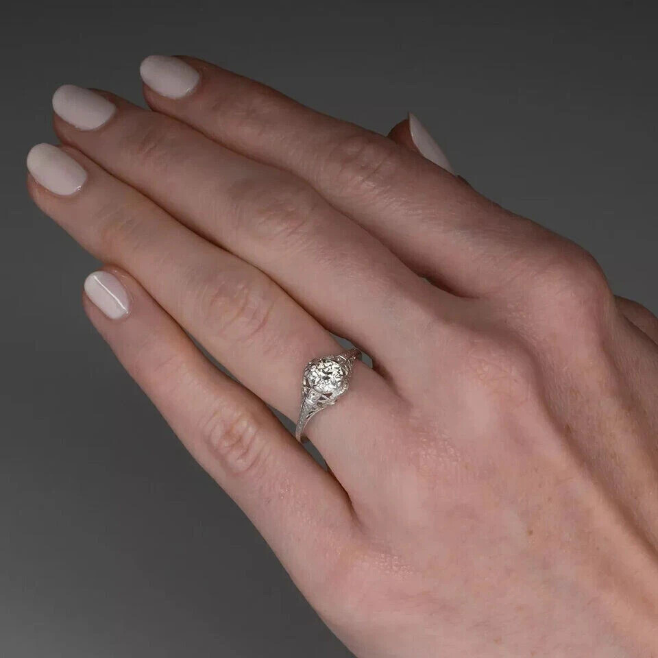 Art Deco Vintage Style Round Lab Created Diamond Wedding Ring 14K White Gold FN