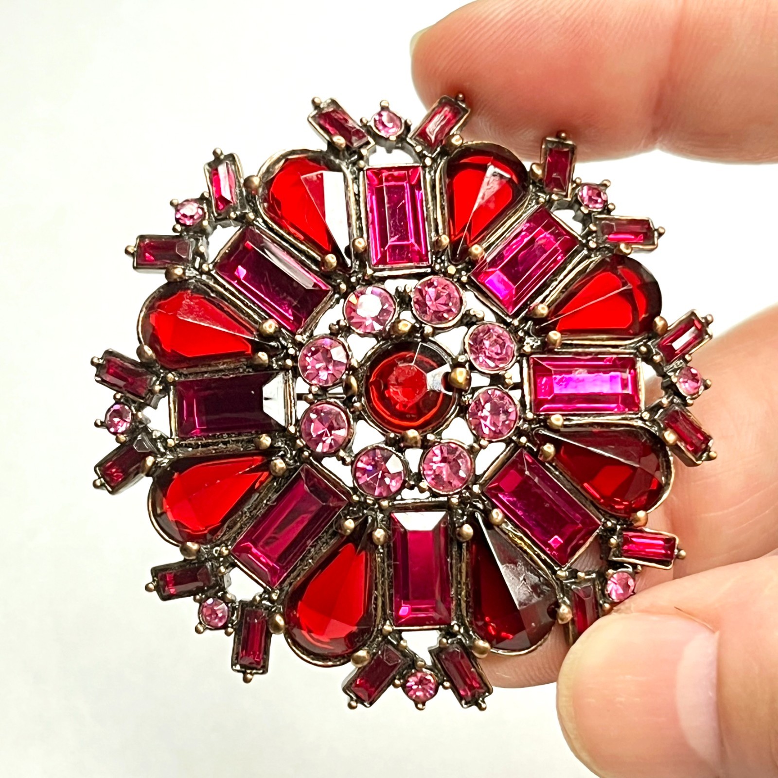 VTG Large Flower Snowflake Brooch Pin Red Fuchsia Pink Purple Glass Rhinestones