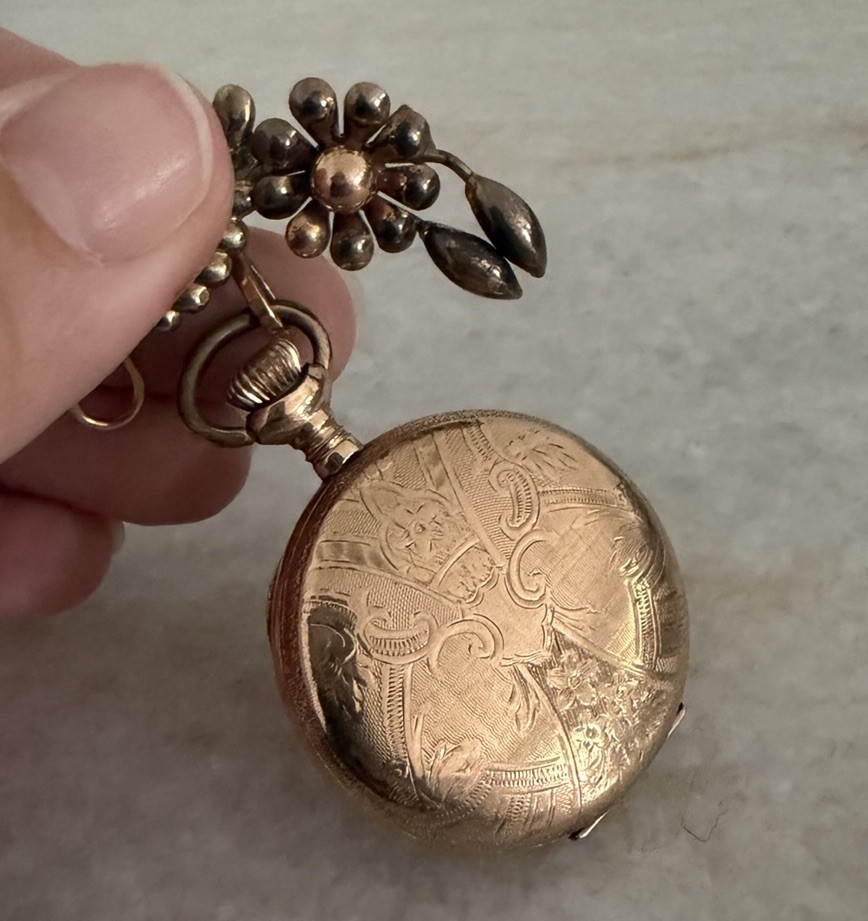 Vintage Gold Filled Elgin Scrolled Flower Works Pocket Watch On Pin Brooch