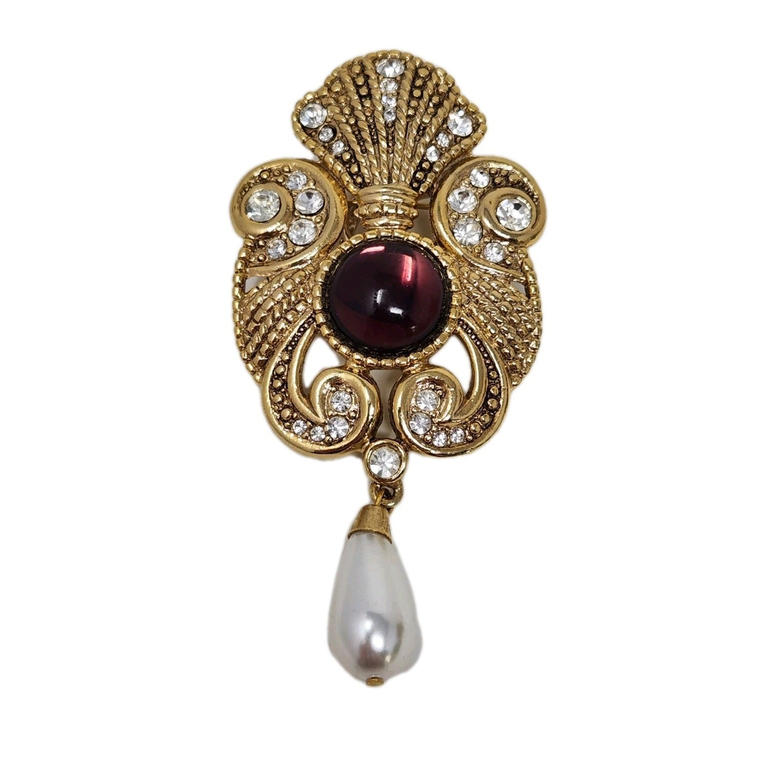 Jeff Lieb Purple Cabochon Gold Tone Brooch Pin Rhinestones Faux Pearl Drop VTG