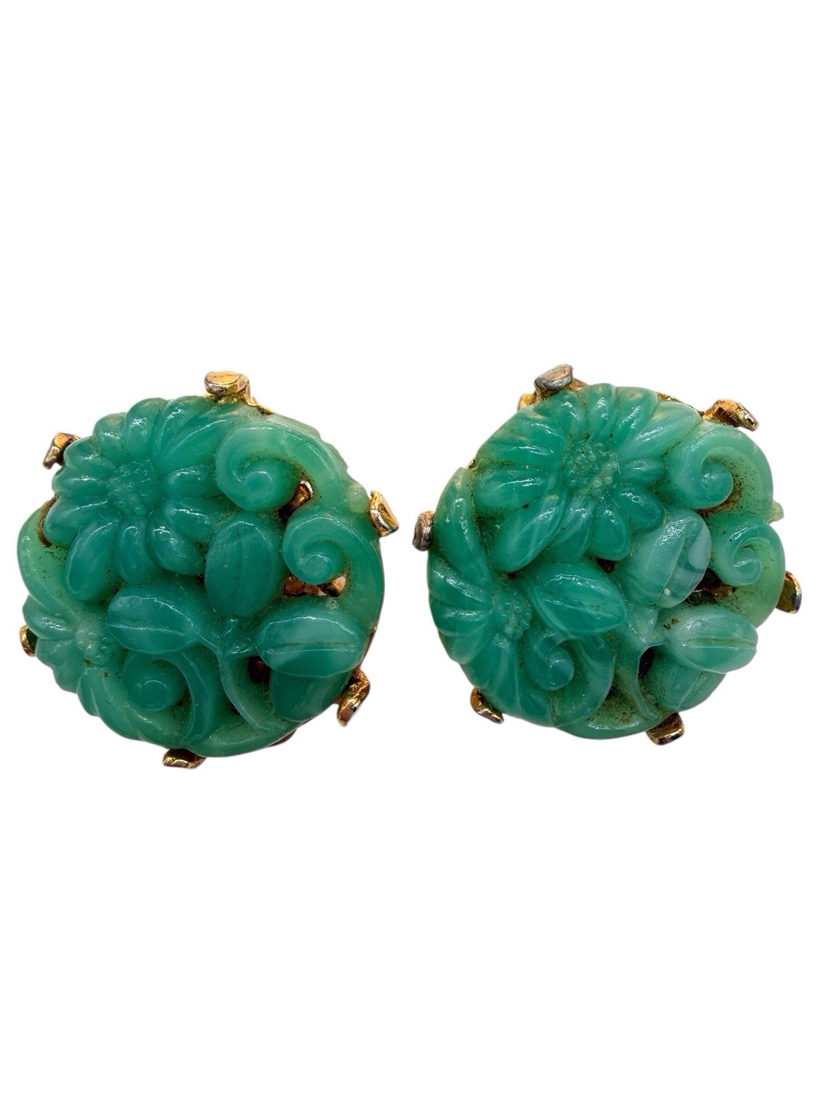 Vintage Peking Glass Earrings Asian Molded Green Faux Jade Flower Floral Round 2