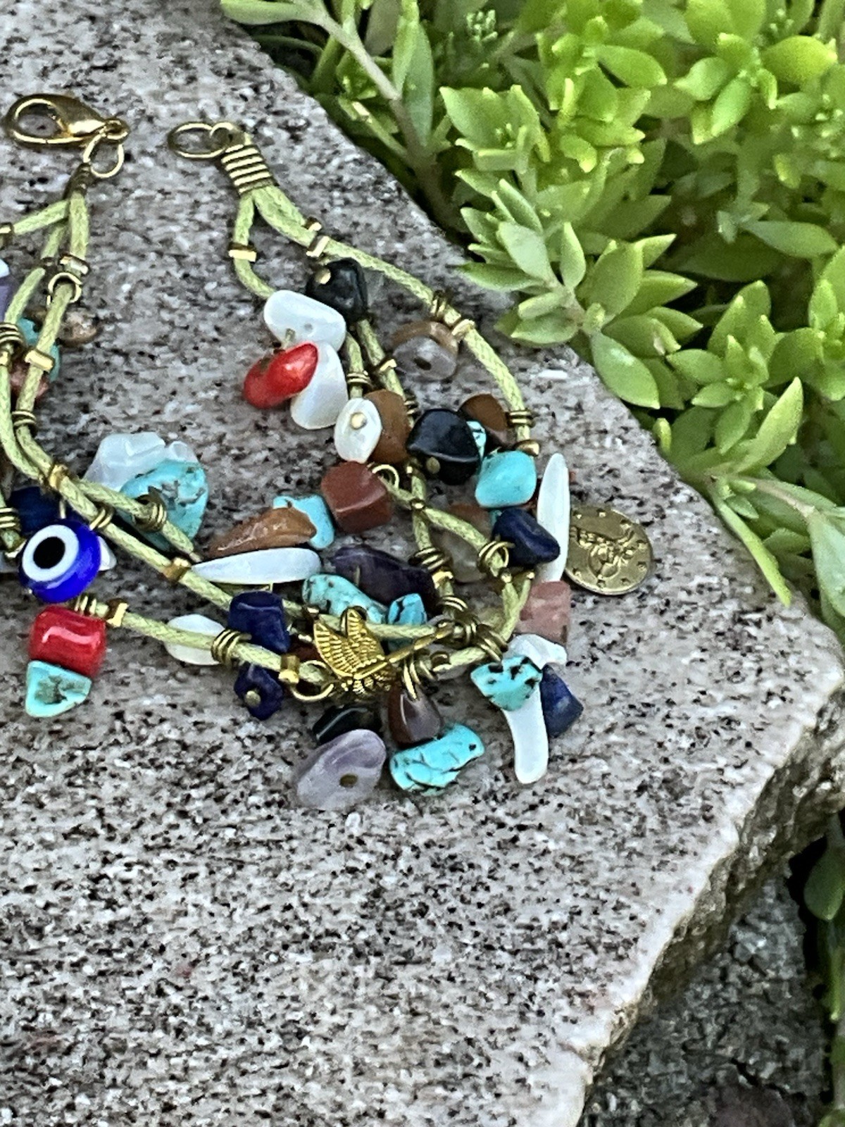 Vintage 3 Strand Multi Stone Bead Charm Bracelet Jewelry