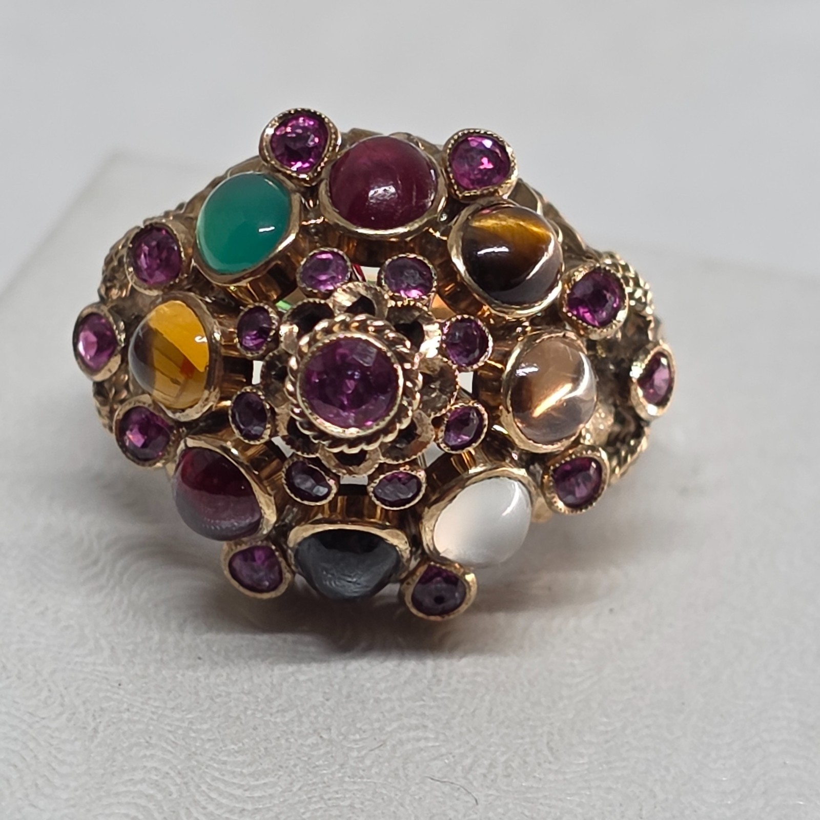 Vintage Thai Princess Harem Ring 18K Gold Multi Gem Cabochon 6.8g Sz 7.75