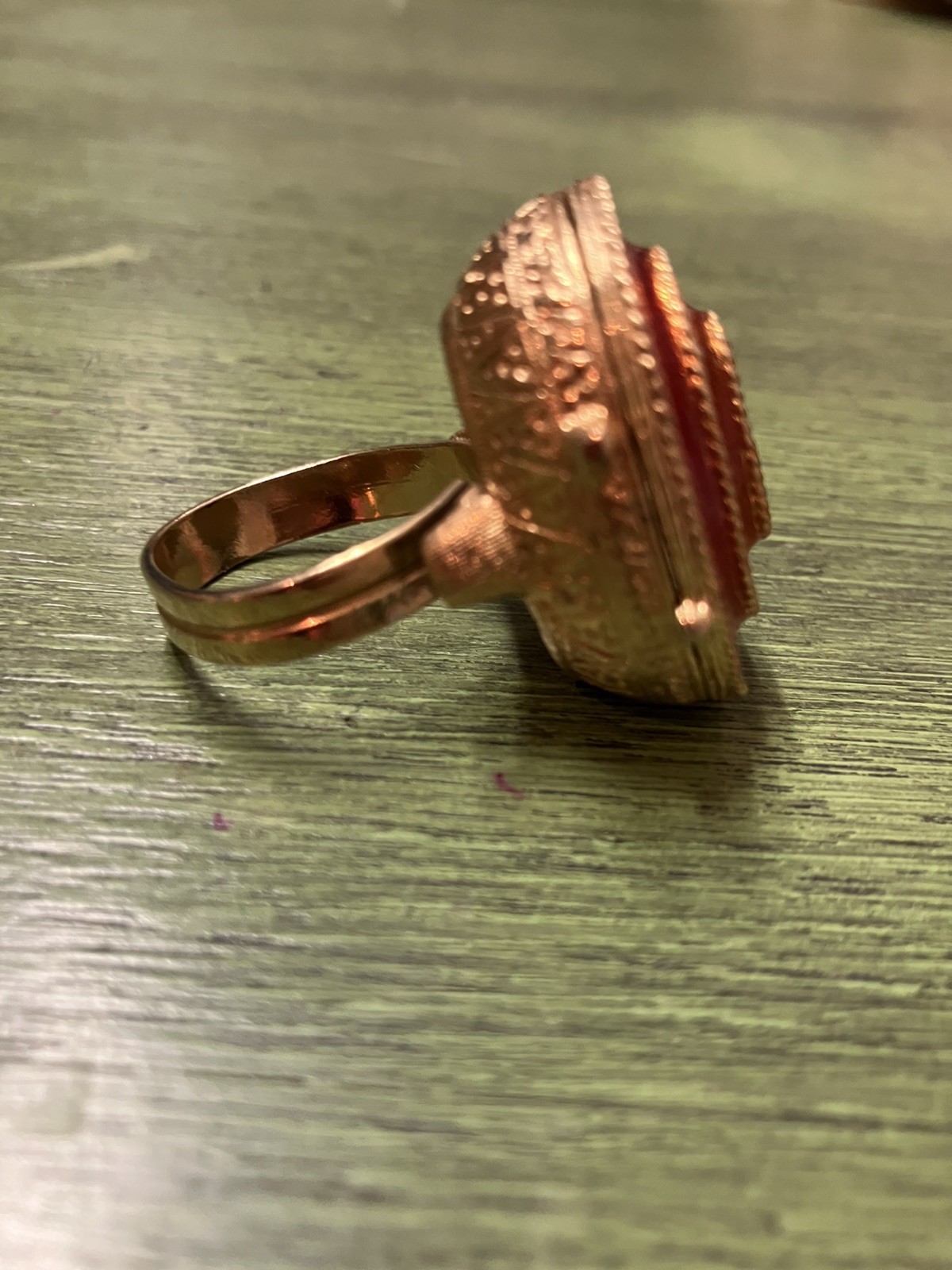 Vintage Adjustable Size Locket Ring. Red & Gold Plated-Very Unique