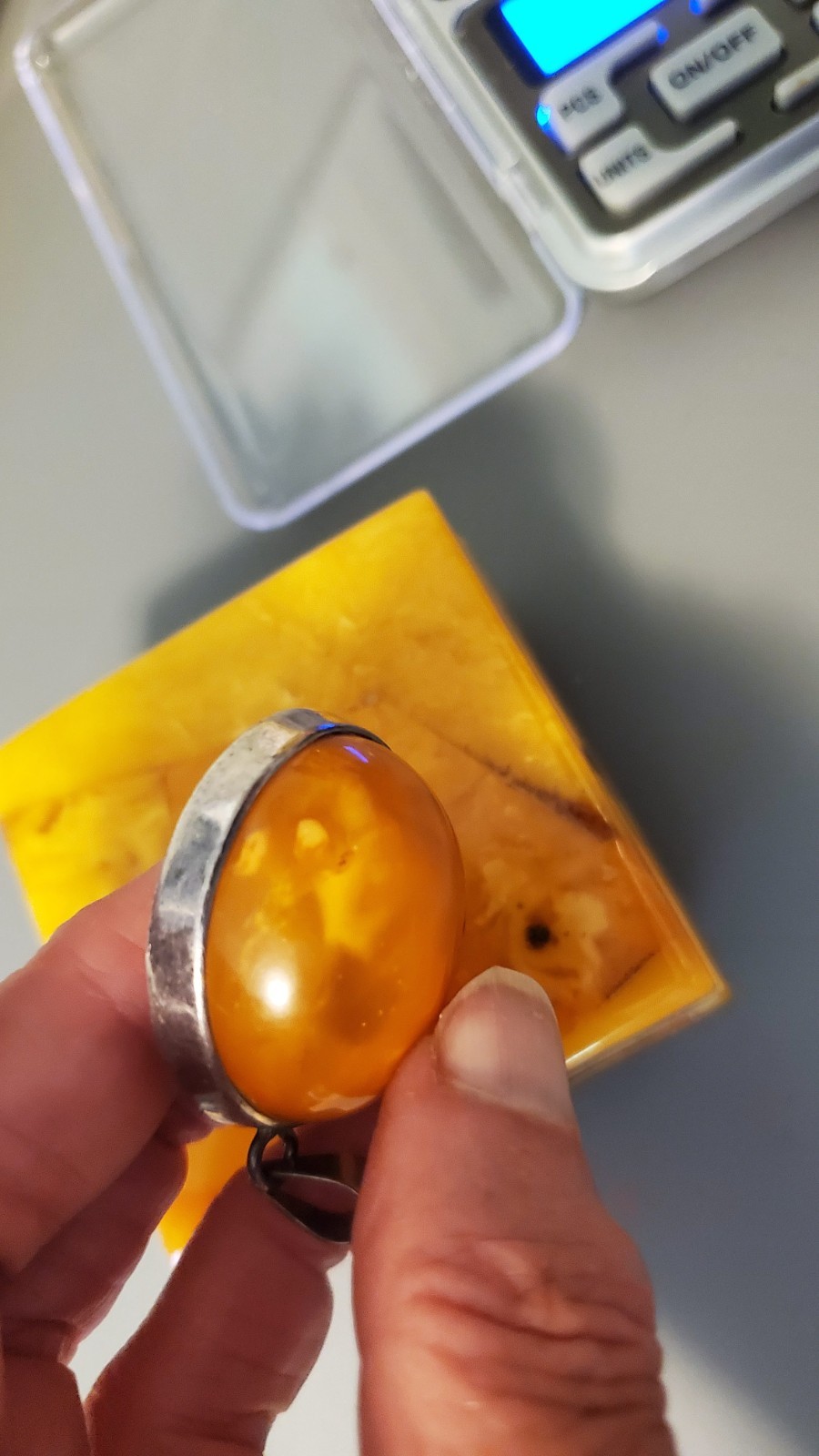 Vintage Lithuania butterscotch amber box and huge sterling pendant set