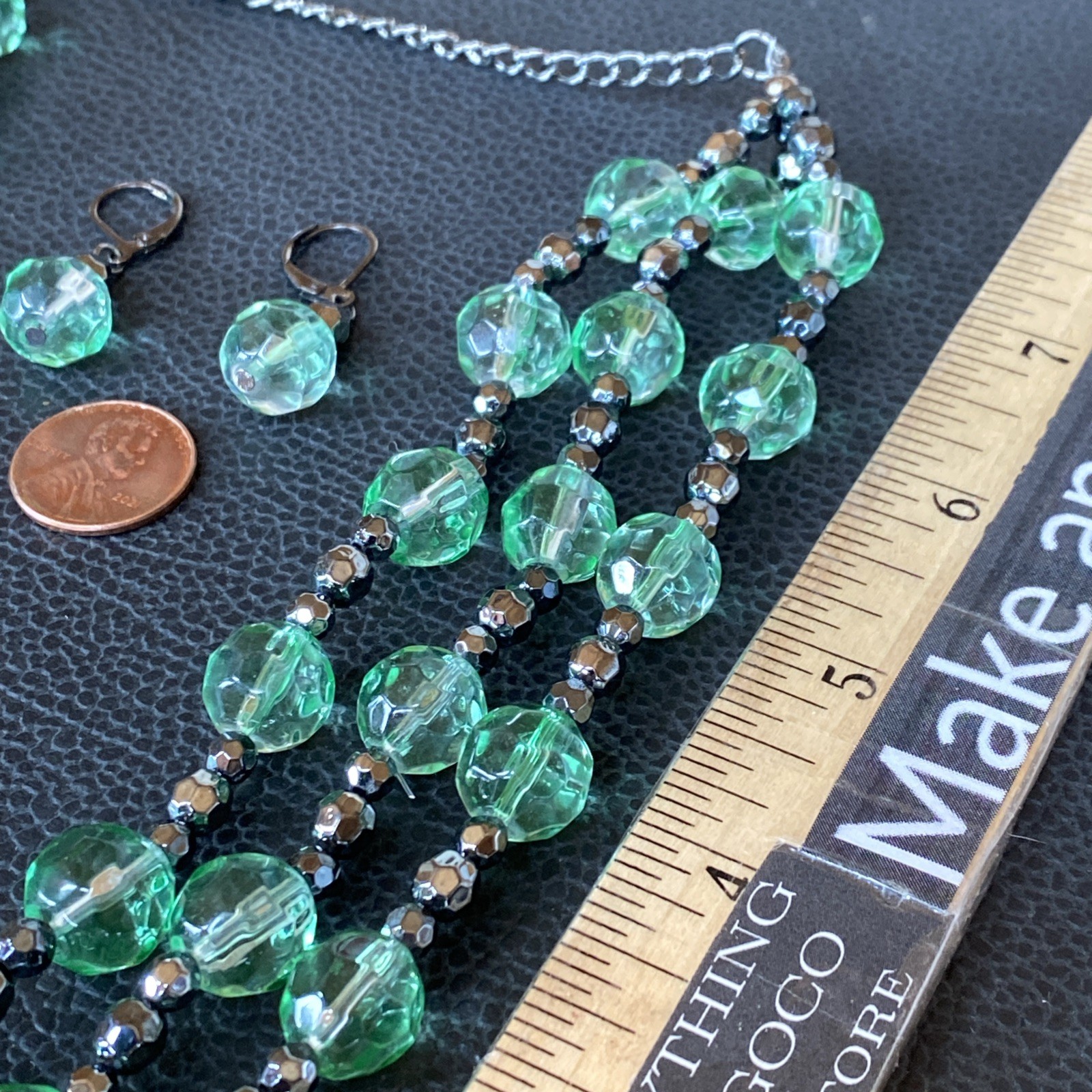 Vintage Green Glass Faceted 3 Strand Necklace w/ Matching Pair Drop Earrings Set