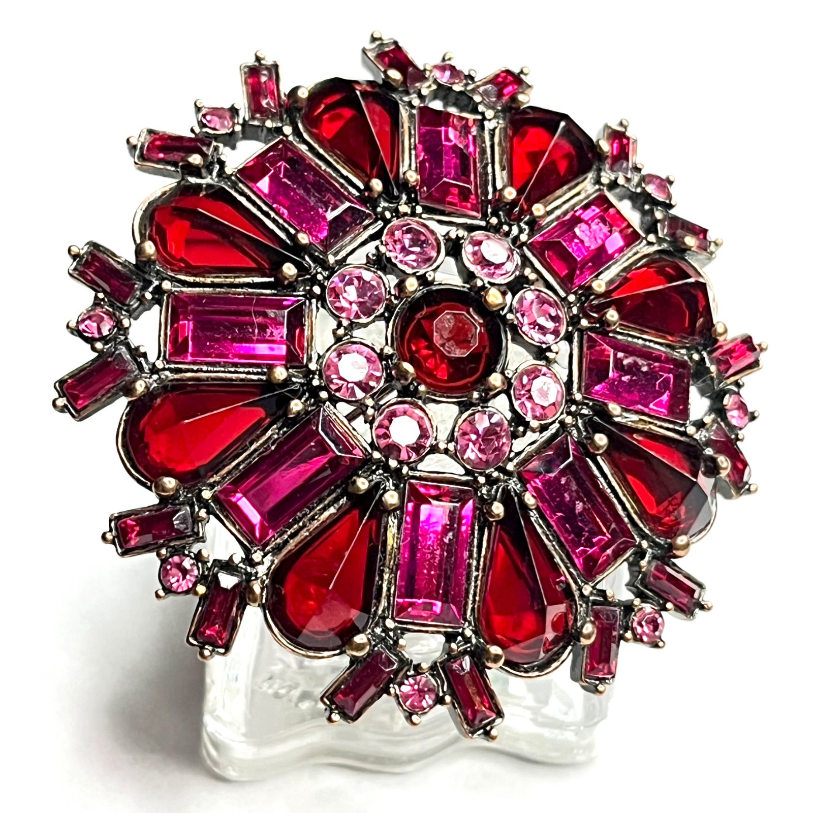 VTG Large Flower Snowflake Brooch Pin Red Fuchsia Pink Purple Glass Rhinestones