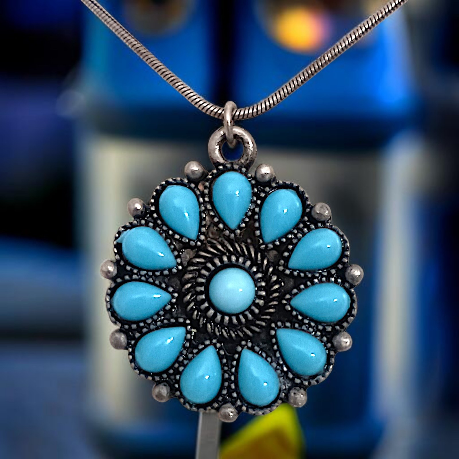 Robert Rose Pendant Faux Turquoise Necklace Antique Silver Tone Southwestern