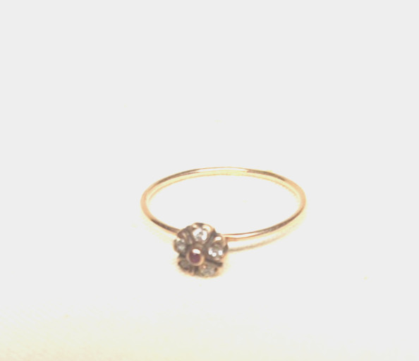 Antique Georgean 10K Gold Minimalist Flower Ring Mine Cut Diamonds Garnet