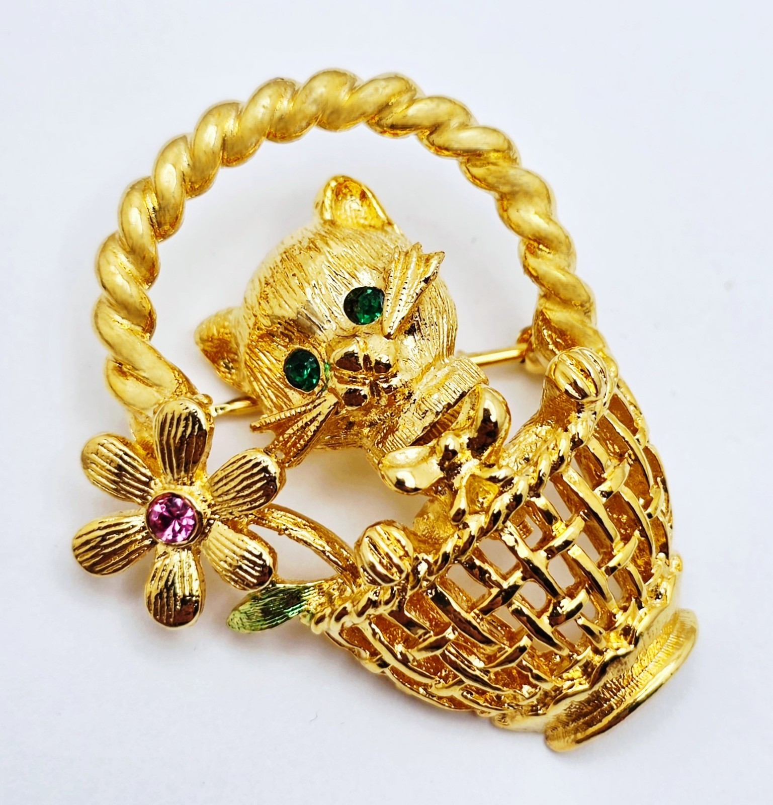 Vintage Signed Trifari Rhinestone Kitten / Cat in Flower Basket Trembler Brooch